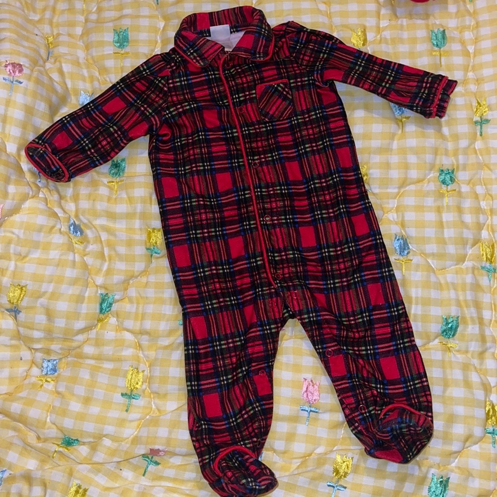 Little Me Christmas Plaid PJs Sz 6M Collar Footed Pajama Red